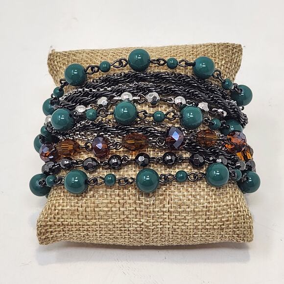 Talbots Multi Chain Beaded Layered Bracelet Gunmetal Gray Teal Brown Boho Chunky - Picture 1 of 6